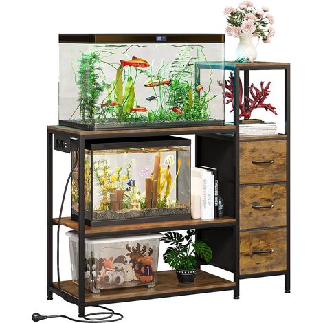 Support pour aquarium de 20 gallons, armoire inférieure avec prises d'alimentation, étagère d'aquarium avec 3 tiroirs rustiques, table à 3 étages pour aquarium, reptiles et terrariums (1/5)