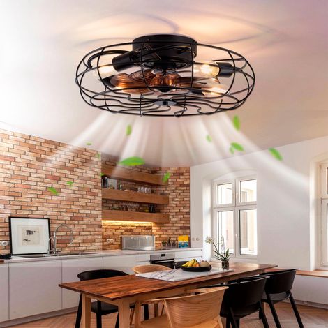 Ventilateur de plafond cage extra-plat de 48 cm (19 pouces) avec éclairage, moteur réversible à 6 vitesses, ventilateur de plafond industriel encastré avec télécommande, ventilateur de plafond noir st