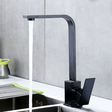 Mitigeur évier noir pivotant 360° en alliage de zinc, bec orientable double cuve, cartouche céramique anti-goutte, commandes séparées. (1/5)