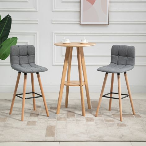 Set aus 2 Barhockern, gepolsterte Barstühle mit Rücken- und Fußstütze, Holzbeine, 41,5 x 47 x 97,5 cm, grau