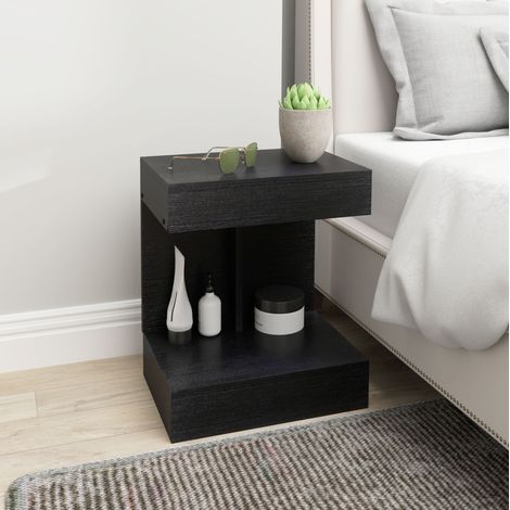 Comodino 40x30x46 cm, con cassetto discreto, vano aperto, legno, nero (1/5)