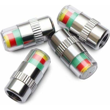 Lot de 4 Capuchons de Valve de Pneu avec Indicateur 3 Couleurs, Chrome + PC, Avertissement Visuel Pression des Pneus (1/4)