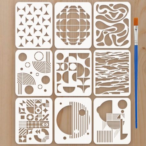 9Pcs Pochoirs Abstraits 20x25cm Pochoirs Géométriques Templates Demi-Cercle Rayures 9 Styles Pochoir Peinture Lignes Courbes Avec Un Pinceau pour Artisanats Toile Bois Meuble Art Mural (1/5)
