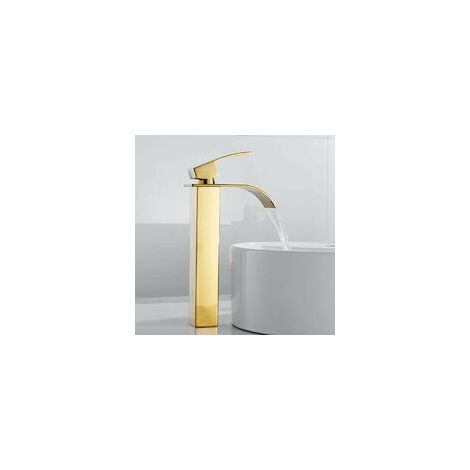 High waterfall spout bathroom sink faucet, modern square chrome single hole hot and cold water mixer tap (1/3)