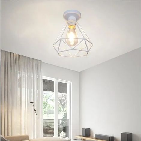 E27 Plafonnier en Métal Industrielle Lampe Plafonnier en Cage Fer Forge Blanc pour Salon Chambre (1/4)