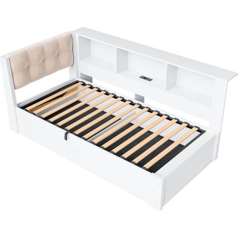 Lit banquette 90x200 cm, canapé-lit, lit simple, coffre hydraulique, LED dimmable, étagère, USB, pin, blanc, matelas non inclus (1/5)