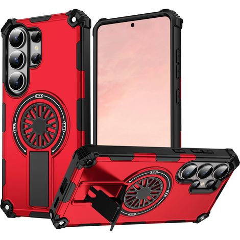 (Galaxy S25+ Rouge) Compatible avec la coque de protection magnétique MagSafe de Samsung, étui arrière pliable avec support