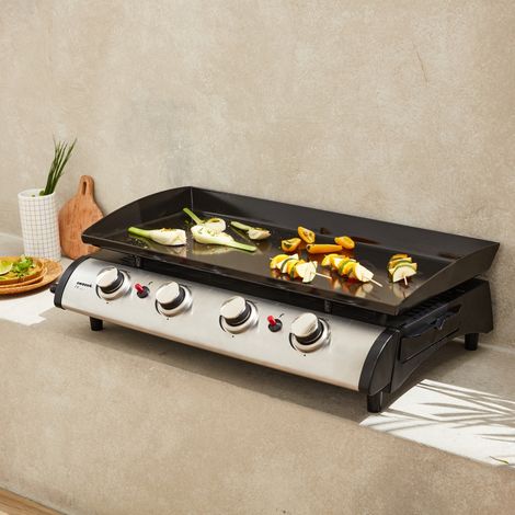 Plancha au gaz 4 feux. Porthos 4 brûleurs. 10 kW barbecue  grande plaque émaillée inox avec ustensiles