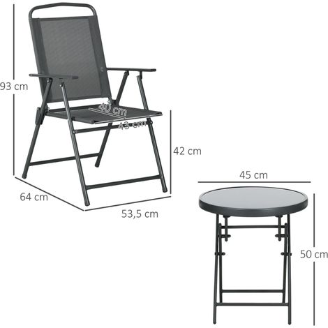 Ensemble bistro en métal 3 pièces, mobilier de jardin résistant aux intempéries avec table pliante en verre et chaises de jardin, gris foncé