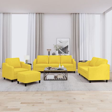 Ensemble de canapés 4 pièces avec coussins, tissu jaune clair, fauteuil, 2 et 3 places, pouf - PANGIVO (1/5)