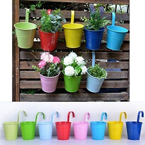 LOT 8 Pots de Fleurs Suspendu Colorés en Metal Pot de fleur Extérieur Plante avec Accroche Amovible Décoration Jardin Maison Balcon