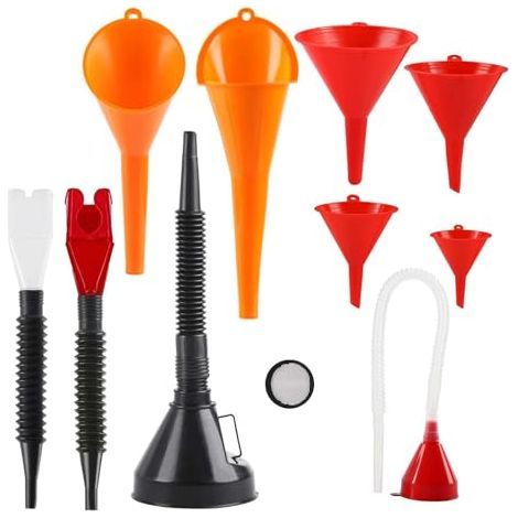 Set mit 10 Kfz-Einfülltrichtern für Kraftstoff, Motorbenzin, mit herausnehmbarem Filter, flexiblem Verlängerungsschlauch und langem, rechtwinkligem, abnehmbarem Auslauf für Autos - (1/5)