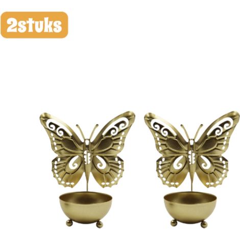 Lot de 2 chandeliers en métal en forme de papillon, bougeoirs en fer forgé faits main pour décoration intérieure, couleur or (1/5)