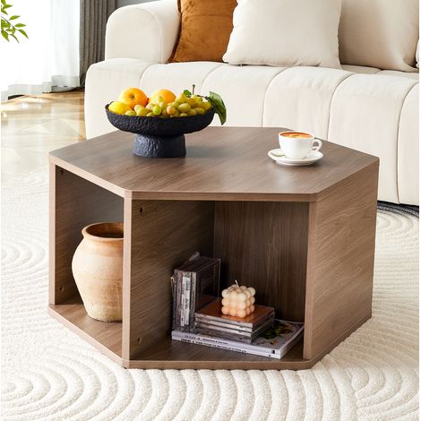 Table basse hexagonale en MDF, finition bois foncé et teinte brune, plateau moderne à motif de veinage, pieds cylindriques, montage facile pour salon et petits espaces - CHICFURN (1/5)