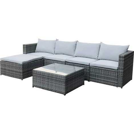 EVRE Rattan Outdoor Garden Furniture Set Miami Sofa Coffee Table, Foot Stool Rattan (Grey) (1/5)
