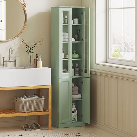 Meuble de salle de bain à 6 niveaux, unité de rangement avec 4 portes à fermeture douce et étagères réglables, vert (1/5)