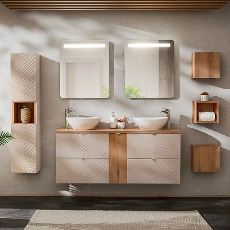 Conjunto de muebles con doble lavabo 140cm columna y 3 armarios de pared Manoa Cachemira y madera (1/4)