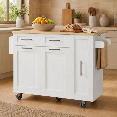 Isla de cocina con ruedas y tablero abatible 110 x 46/74 x 90,5 cm blanco DESVIAE (1/5)