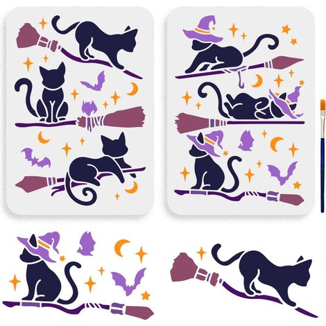 6 styles Pochoirs à Balai de Chat Magique 29.7 × 21cm Modèle de Pochoir à Thème de Chat Magique avec Pinceau Chat Sur un Balai Chauve Souris Lune Étoile Pochoir pour Bricolage Artisanat (1/5)