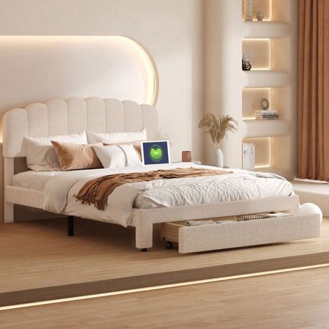 Estructura de cama 160x200 cm - 231205TT - USB - Contemporáneo - cama 2 plazas - Terciopelo - 160x200 cm - beige (1/5)