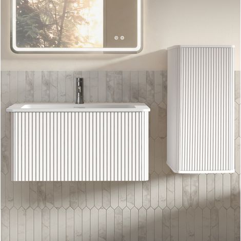 Hängendes Badmöbel-Set Weiß mit Waschbecken und Seitenschrank 80 cm OKWISH (1/5)