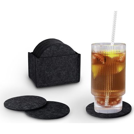 Lot de 12 dessous de verre ronds en feutre pour verres Design anthracite pour boissons, tasses, bougies, bar, verre Avec boîte de rangement (1/5)
