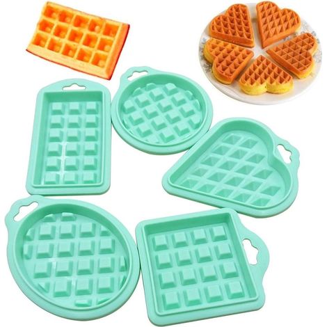 Lot de 5 moules à gaufres en silicone anti‑adhésif, formes rond, rectangulaire, ovale, cœur et carré (1/5)