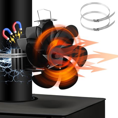 Wolketon Magnetischer 6-Flügel Kaminventilator für Ofenrohr, wärmebetrieben, mit 2 Rohrschellen und Schraubendreher, Schwarz (1/5)