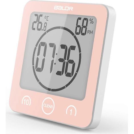 Minuteur étanche pour salle de bain et cuisine avec thermomètre et hygromètre, idéal pour la douche, la cuisine et les soins personnels. (1/5)