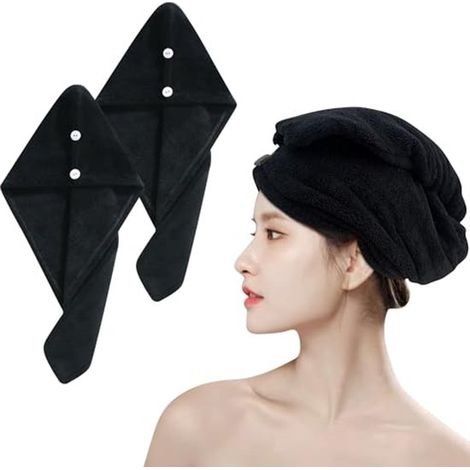 Juego de 2 toallas de microfibra superabsorbentes con botones para cabello largo y mojado, de secado rápido, 25 x 65 cm (negras) (1/4)