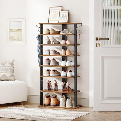 Shoe Rack Wooden, Tall Shoe Rack, Narrow Shoe Storage Organizer with 2 Hooks, Slim Shoe Shelf, Vertical Shoe Tower for Entrance, Living Room, Hallway, Industrial, Rustic Brown EBF750XJ01,HOOBRO (1/5)
