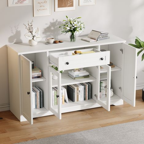 Credenza bianca moderna con 4 ante, 2 in vetro, 1 cassetto e 6 scomparti 138x40x83 cm (1/5)