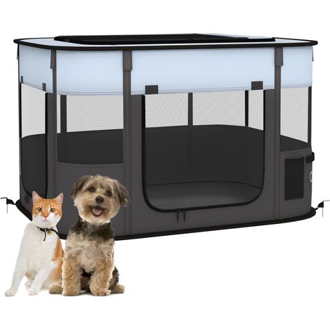 Parc pliable gris-noir en tissu Oxford pour petits animaux domestiques, compartiment de rangement intégré, dimensions 84 x 64 x 53 cm