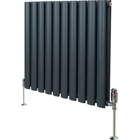 Röhrenheizkörper Oval & Chrom Thermostatventile Modern Anthrazitgrau 600 x 600mm (1/5)