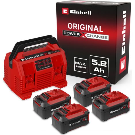 Original Einhell Kit PXC 4x 5,2 Ah & Quattrocharger 4 A (18 V, 1260 W, 4 Akkus + 4-Ampere-Ladegerät, 2x2 Akkus parallel laden, 80 min Ladezeit, Power X-Change, Li-Ion)