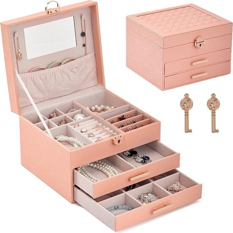 MINKUROW Mädchen Schmuckkästchen Schmuckkästchen Schmuck Aufbewahrungsbox mit 3 Spiegelschubladen und Schloss Weiches Futter für Mädchen Ohrring Halskette Ring Schmuck (1/5)