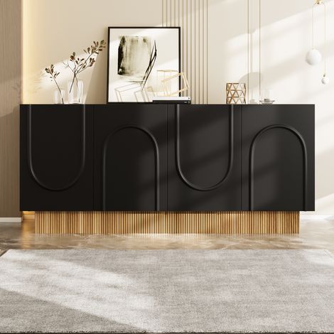 Credenza in truciolare nero e legno 160 x 38 x 75 cm, 4 ante, ampio spazio contenitivo