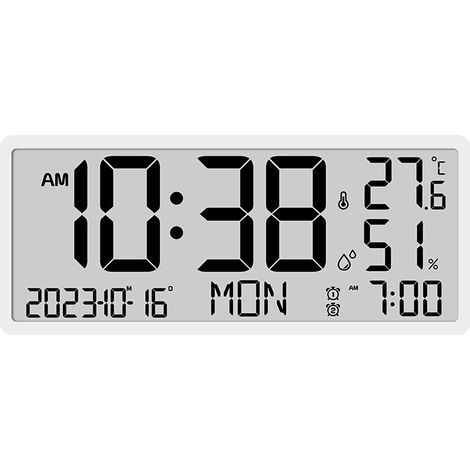 Weiße digitale Wanduhr mit Anzeige von Uhrzeit, Datum, Innentemperatur und Luftfeuchtigkeit.