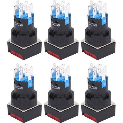 25 Stück quadratische Druckknopfschalter aus ABS-Messing, 8-polig, selbstverriegelnd, mit Beleuchtung, 16 mm, 12 V, rot (1/5)