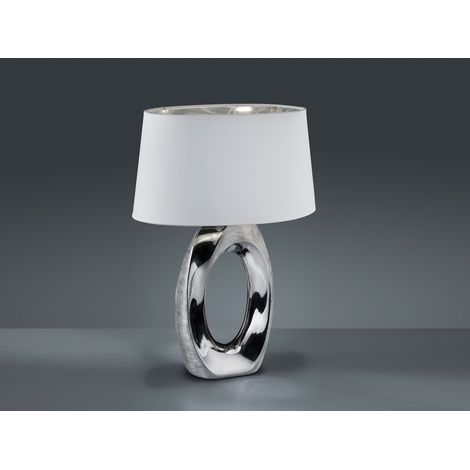 Große Tischleuchte TABA Keramik Silber - Stoffschirm Weiß, Höhe 52cm