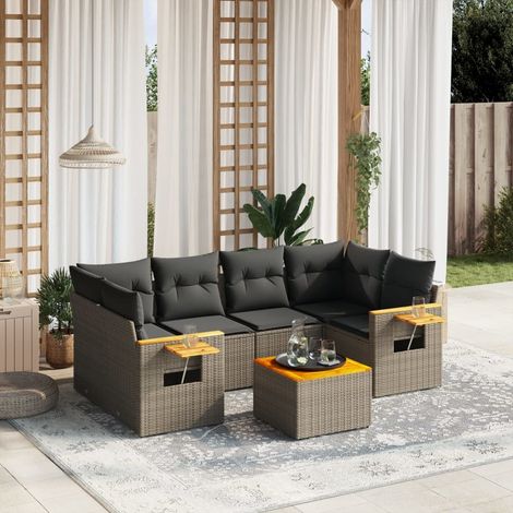7-tlg. Garten-Sofagarnitur mit Kissen Grau Poly Rattan (1/3)