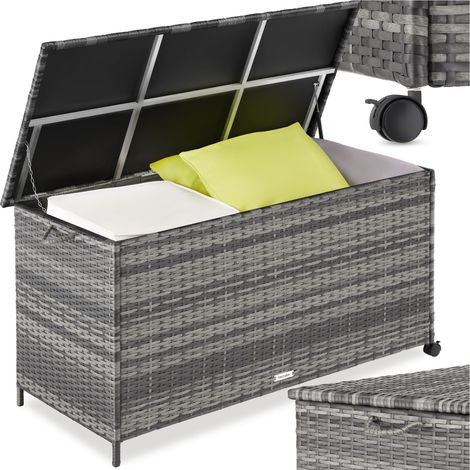 Boîte de rangement extérieur en polyrotin Kuusamo avec structure en aluminium et roulettes, 297 l, 117 x 54 x 64 cm 253 l, structure en aluminium et tressage en polyrotin résistant