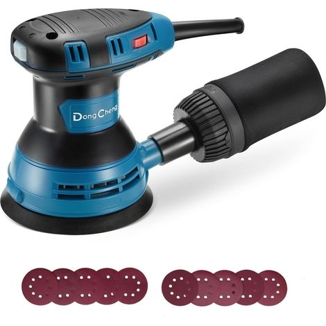 Ponceuse excentrique 300 W, 125 mm, 6 vitesses, 4000-12000 tr/min avec dépoussiéreur et 10 types de papier de verre, Ponceuse orbitale aléatoire, idéale pour les travaux de bricolage
