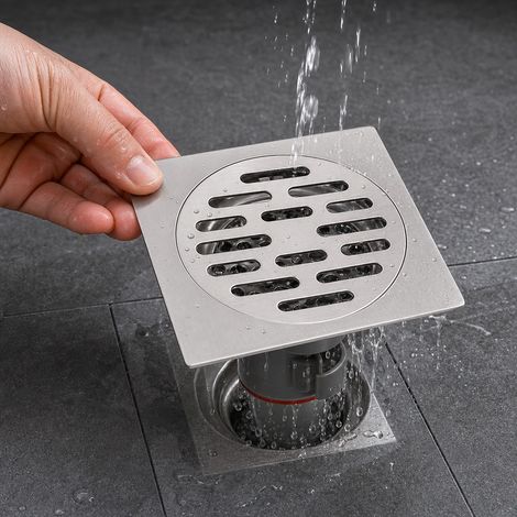 Grille Egout Inox 10x10 cm Anti-Odeur - Bonde Siphon Sol Salle de Bain Cuisine Balcon - Argent Brosse Grand Debit (1/5)