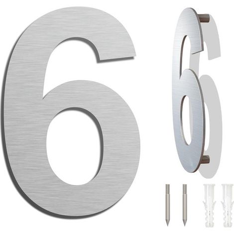 Hausnummer aus Edelstahl，25,4 cm，Nummer 6，Schwebende Hausnummer，Hausnummer aus Metall，Hausnummer für den Außenbereich，3D-Hausnummer，Silber (1/5)