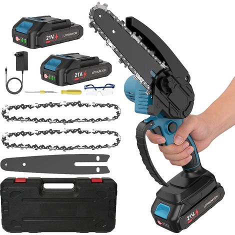 Mini motosierra, diseño portátil, incluye características de seguridad y 2 baterías. (1/2)