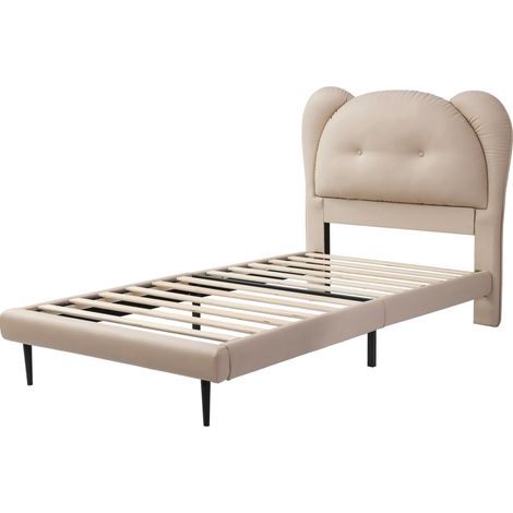 Letto imbottito per bambini singolo 90x200 cm in PU beige con testiera a forma di animale (1/5)
