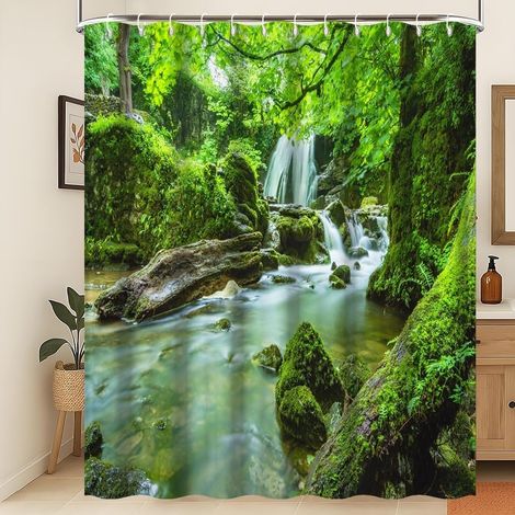 Rideau de Douche Plantes Rideau de Douche Vert Nature forêt Jungle Tropicale forêt pluviale Paysage d'été Cascade de forêt printanière Rideau de Douche résistant aux moisissures 150x200cm (1/5)