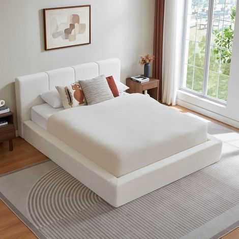 Lit 140x200 cm rembourré avec tête de lit, Cadre en acier renforcé, Design minimaliste, Beige (1/5)