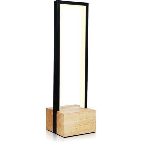 Lampada da comodino a LED con struttura in alluminio nero e base in legno, controllo touch, 3 colori e temperatura di colore regolabili. (1/5)